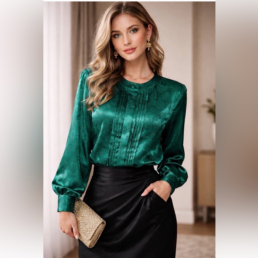 Vintage Laura & Jayne Collection Blouse Medium Emerald Green Satin Pintuck‎